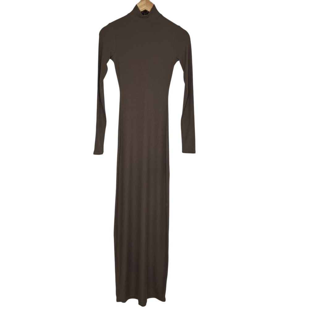 Skims Soft Lounge Amethyst Taupe Ribbed Mock Neck Long Sleeve Maxi Dress SZ S - Picture 2 of 13